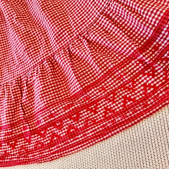 OLD NAVY Smocked Embroidered Tiered Red White Gingham Plaid Mini Dress w Pockets - Picture 6 of 14